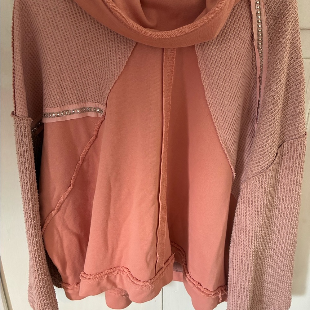 POL Pink Mixed-Media Cowl Neck Sweater with Rhinestone Trim